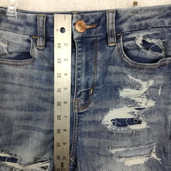 American Eagle Womens Jeans Jeggings Next Level Stretch Blue Denim Rip Short 4S - Picture 4 of 12